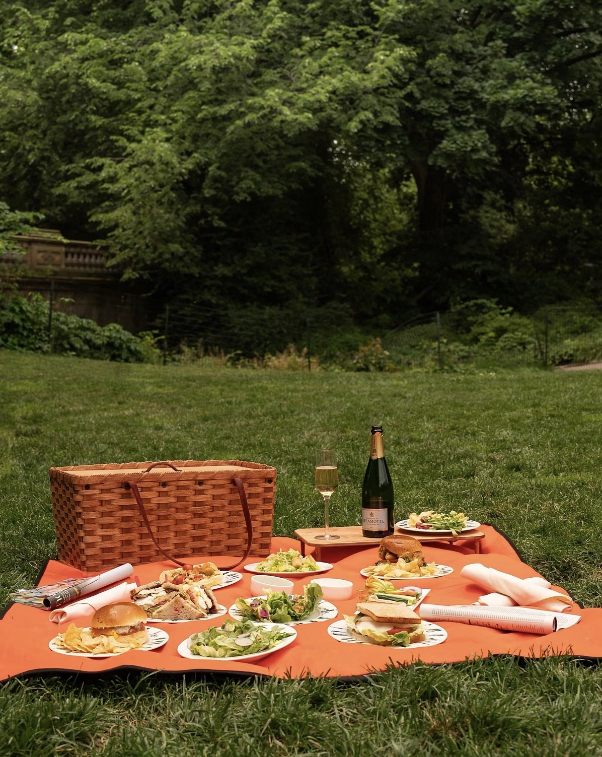 Private picnic on an orange blanket on a park lawn, with a basket, champagne and served dishes