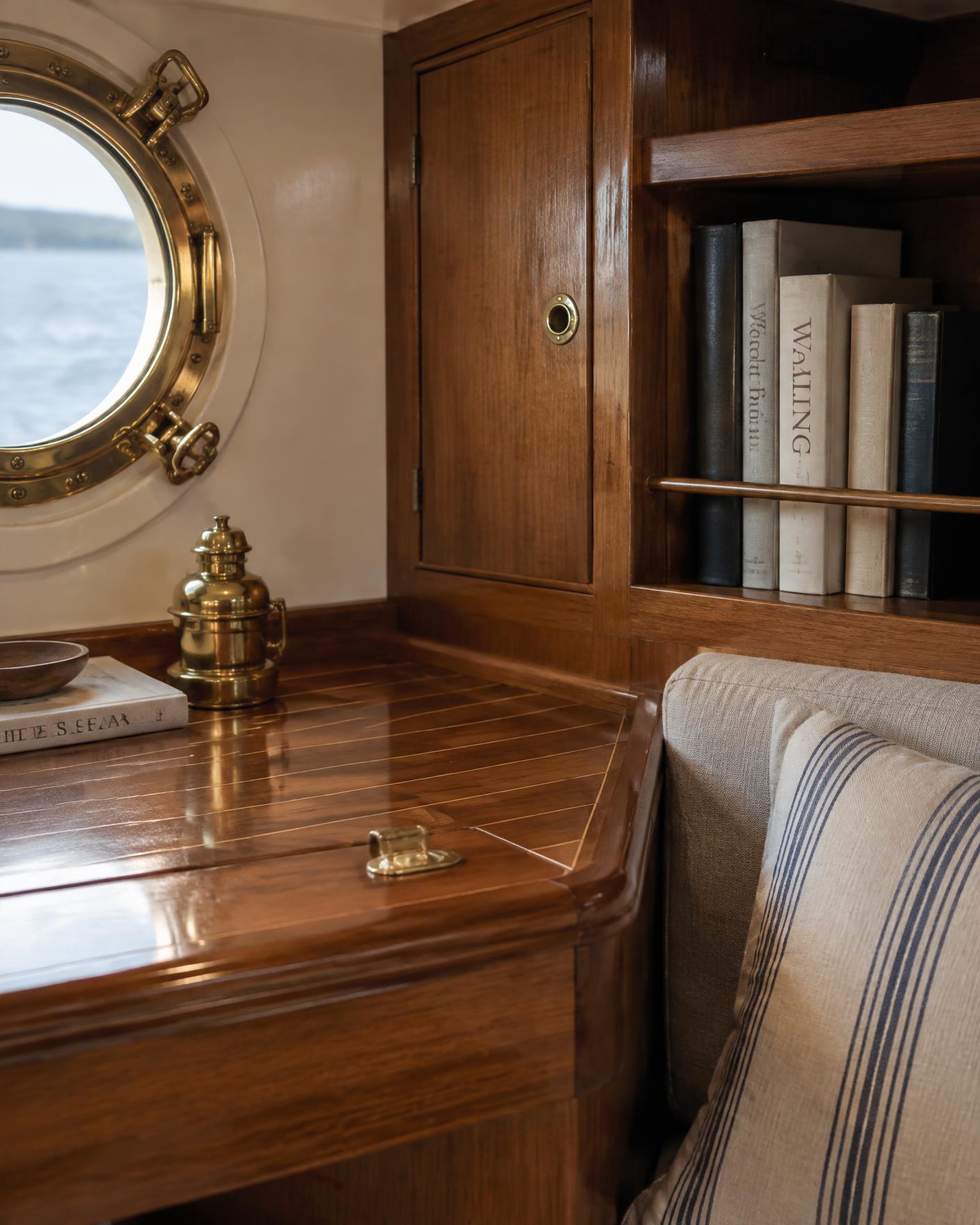 Classic sailboat interior with teak joinery and natural textiles