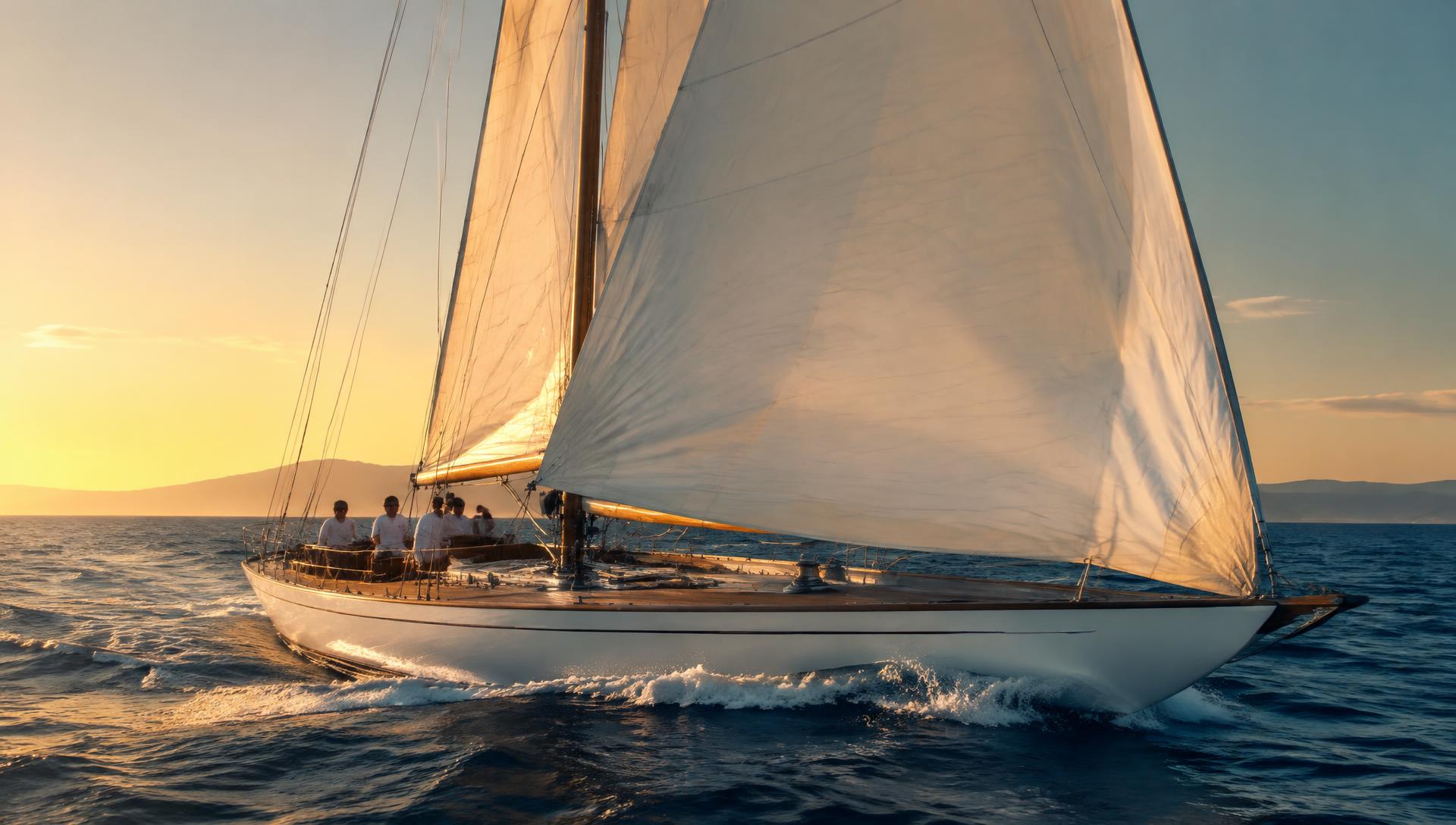 Classic sailboat sailing in the evening light on open sea