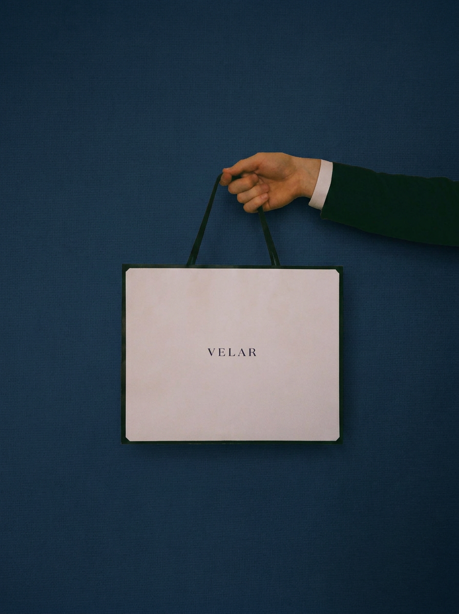 A hand holds a white VELAR bag against a navy blue wall